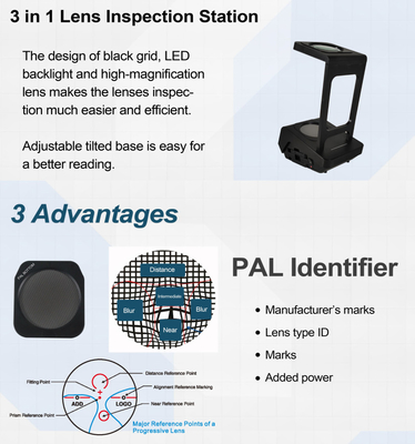 3 in 1 Lens Inspection Station LED backlight and high-magnification lens Adjustable tilted base Progressive Lens Tester